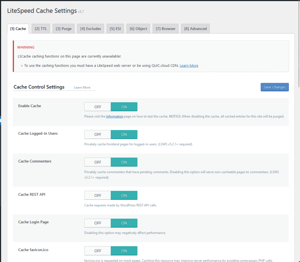 cache tab of litespeed cache settings