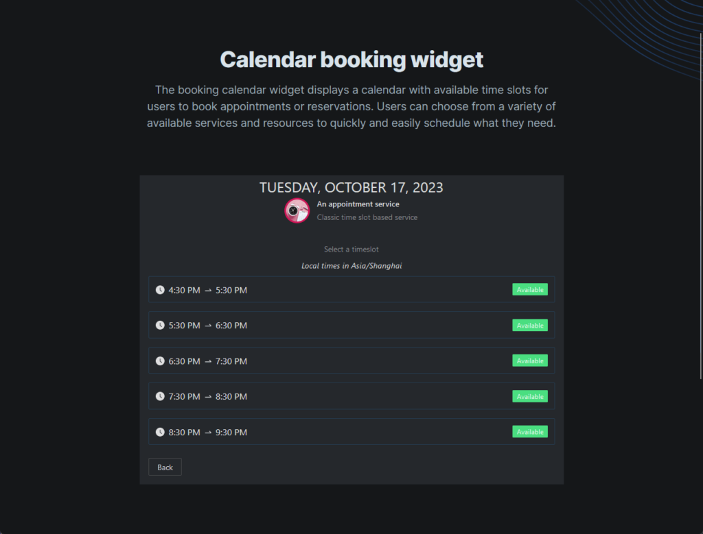 calendar booking widget demo from team booking
