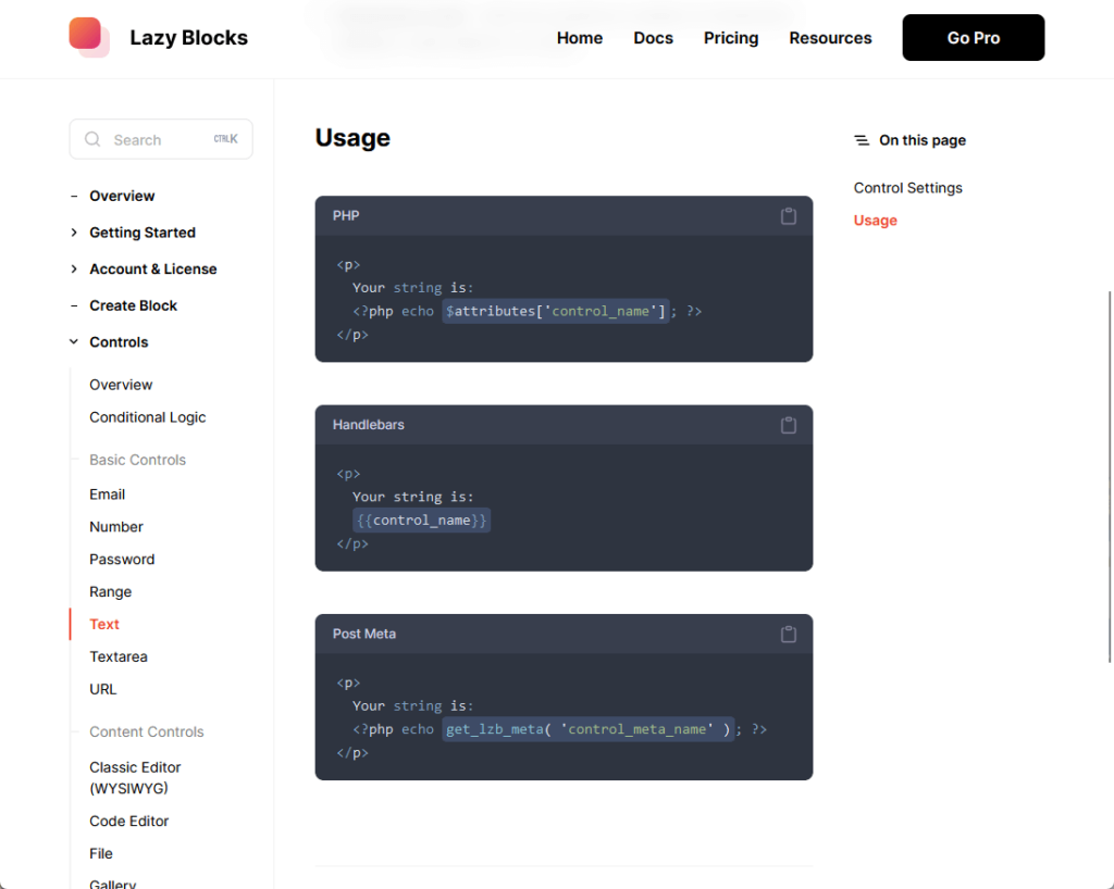 usage codes for showing a text component on the front end