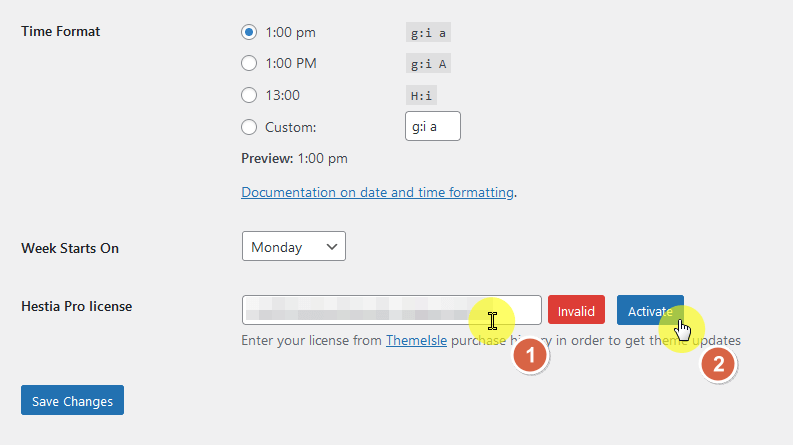 activate the hestia pro license from the general settings page