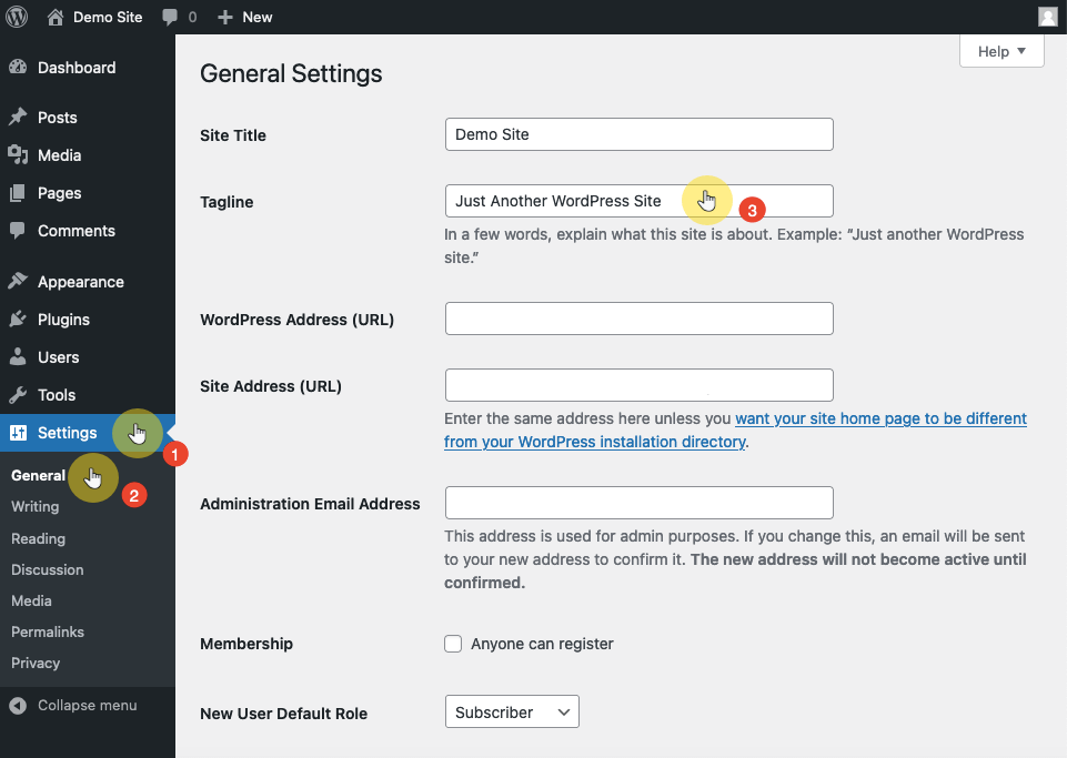 tagline field in the general settings