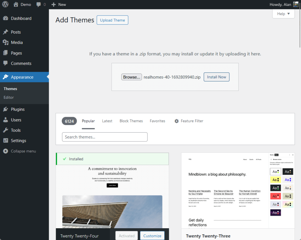 upload and install the realhomes theme