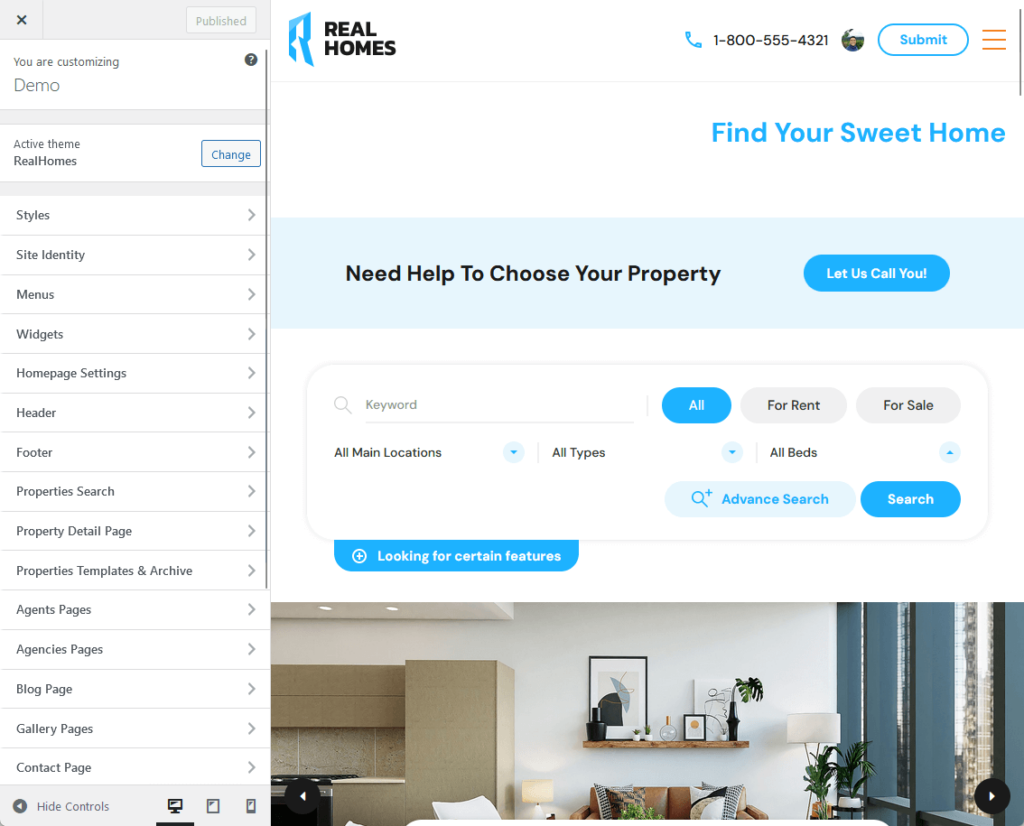 all the customizer option categories for realhomes