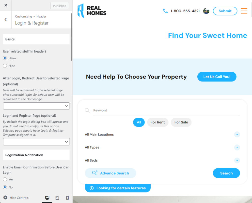 login and register options in the header category