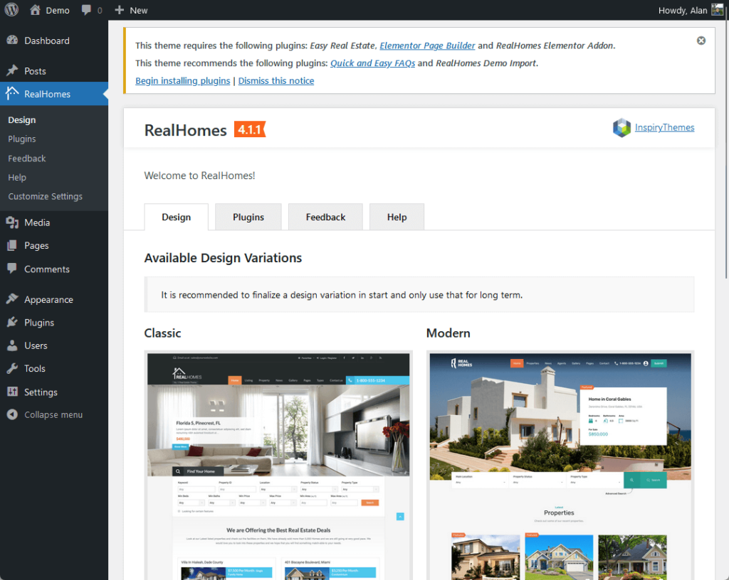 realhomes requires you to install plugins