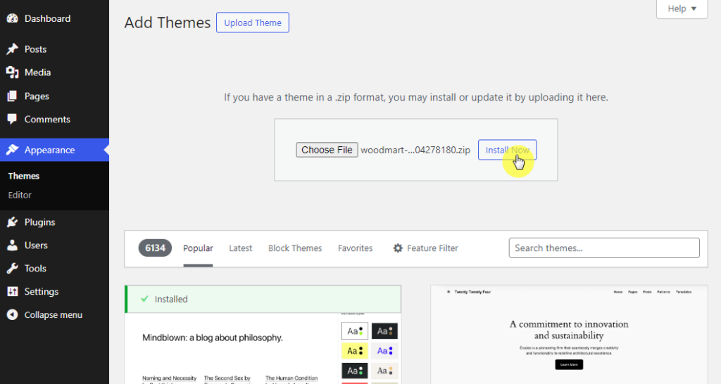 Install WoodMart theme