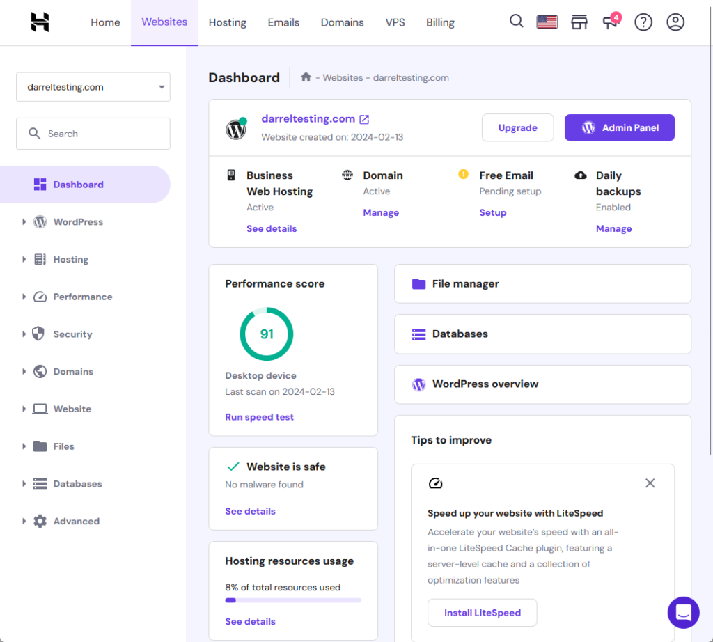 a button in hpanel that will take you directly to the website’s admin panel