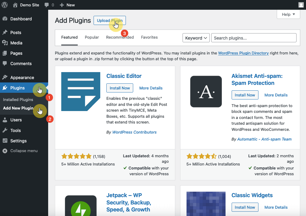 upload plugin button in add plugins page