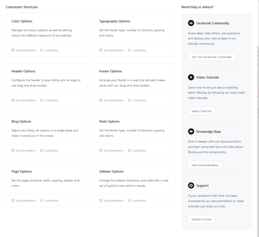 need help or advice section in blocksy’s dashboard