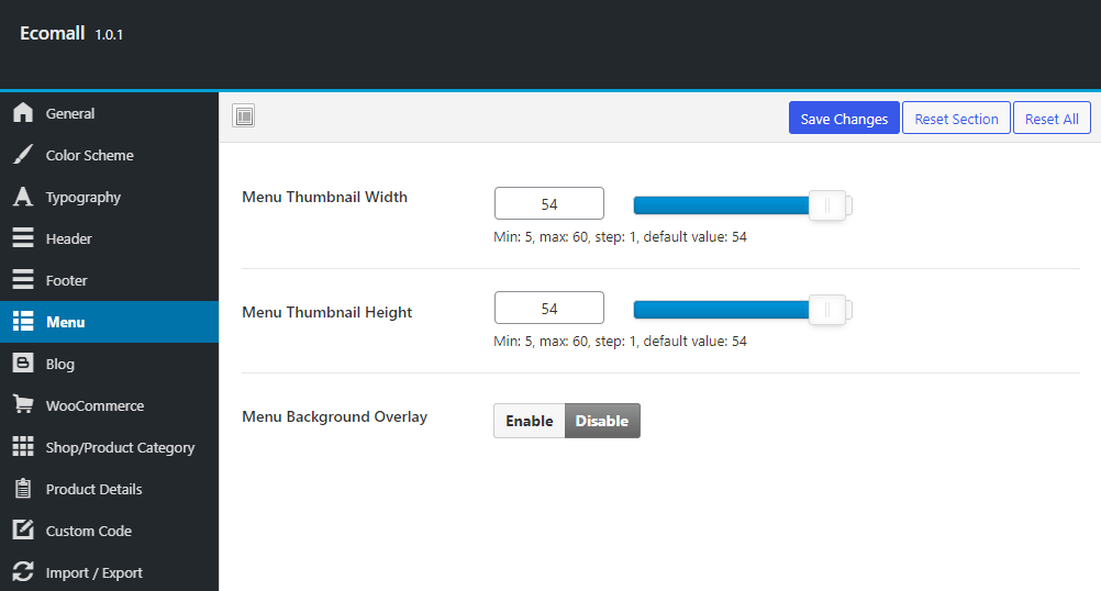 Ecomall Menu option